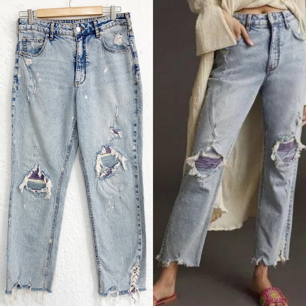 Anthropologie Pilcro The Vintage Straight Distressed Patch Jeans Sz 30